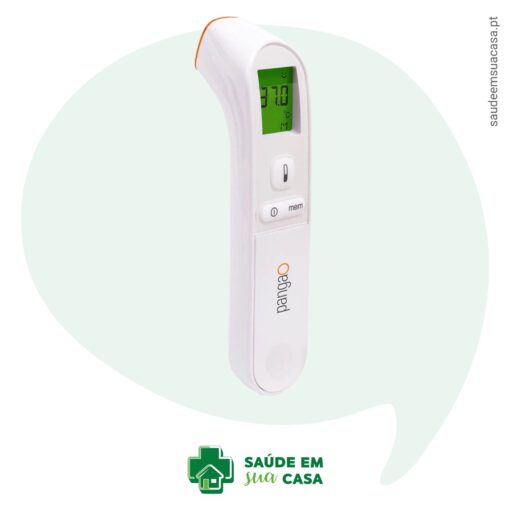 Um Termômetro Digital Infravermelhos Sem Contato branco com um balão de fala.