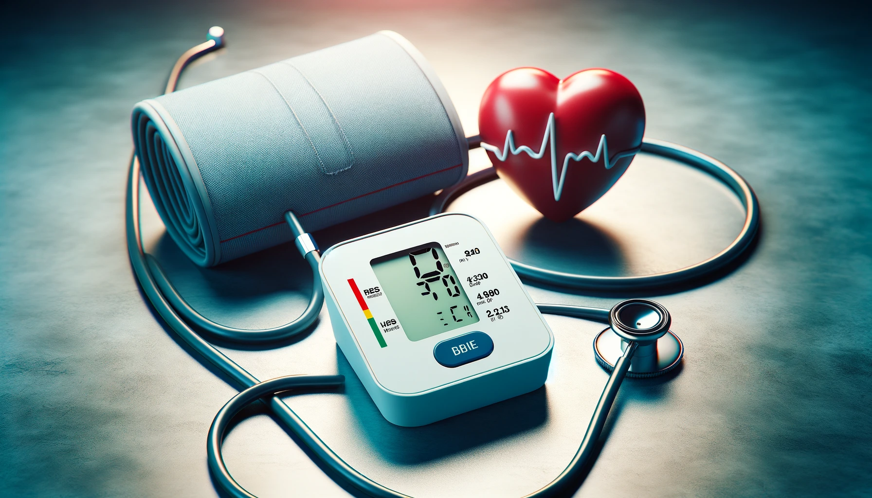 Um estetoscópio com coração e monitor de pressão arterial.