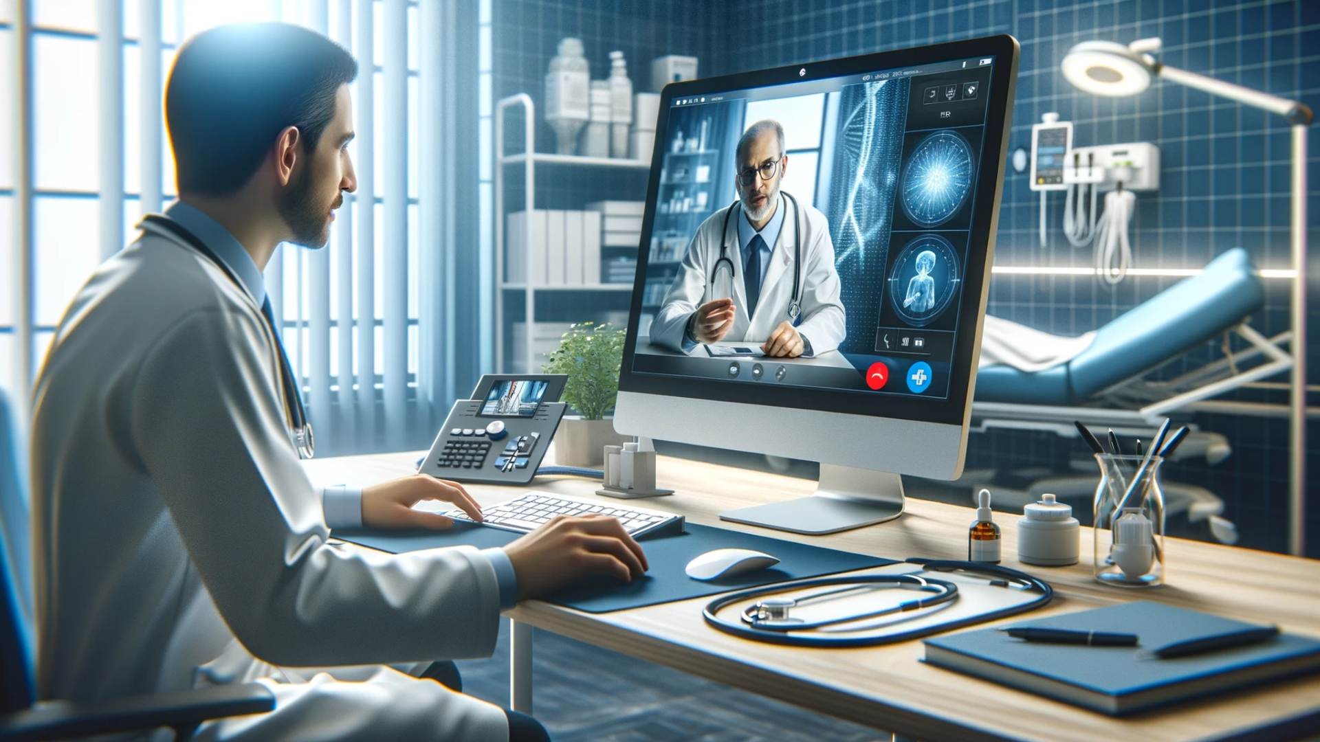 Um médico está usando um computador para se comunicar com um paciente.