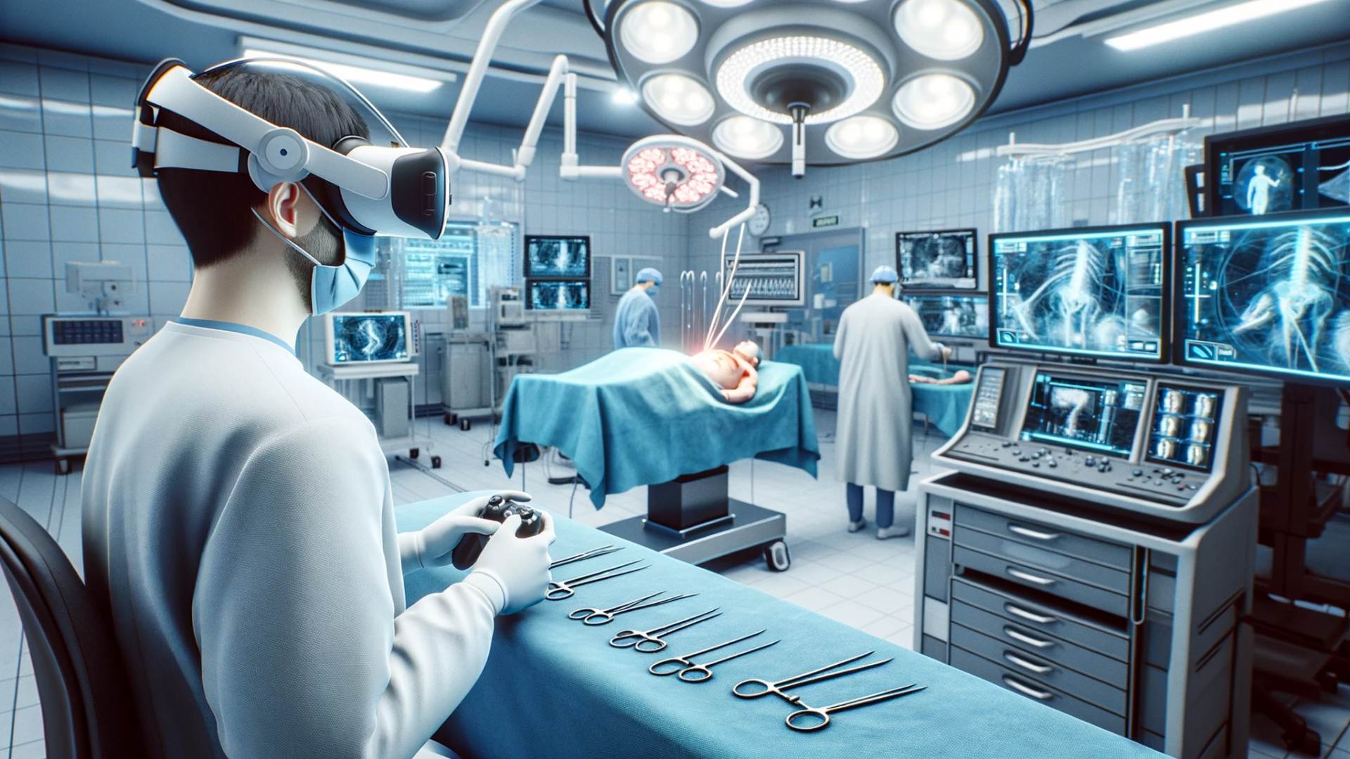 Um cirurgião usando um headset de realidade virtual em uma sala de cirurgia.