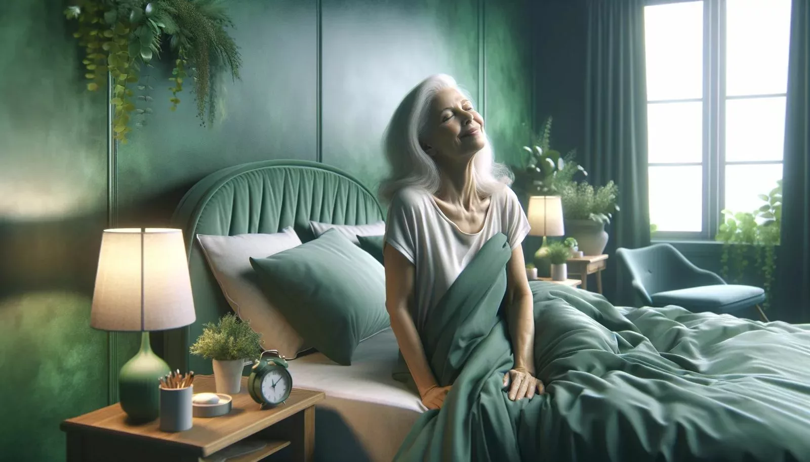 Uma mulher idosa num quarto verde.