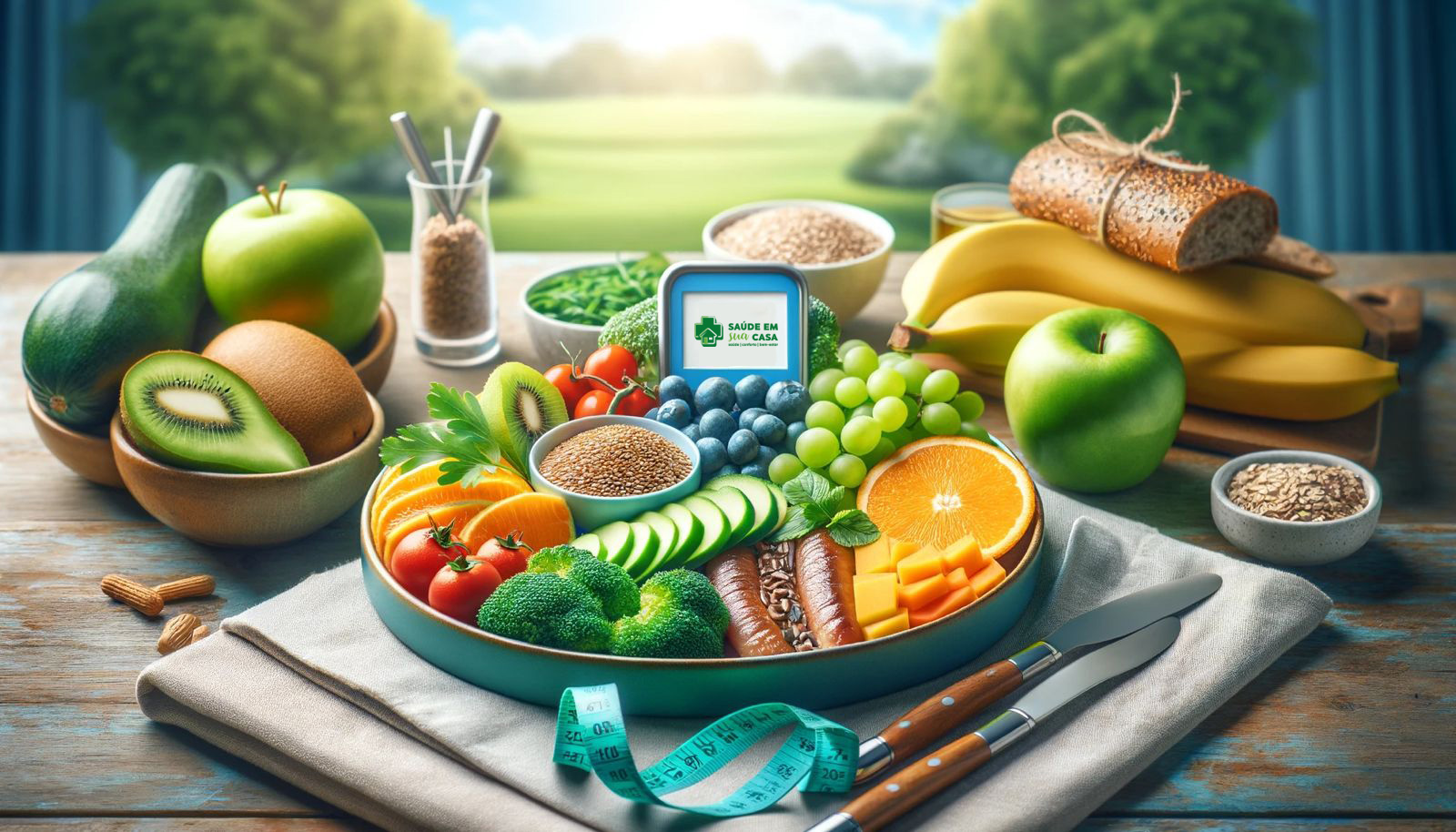 Conceito de alimentação saudável com frutas frescas, vegetais, grãos integrais e uma fita métrica sobre uma mesa com um campo verde ao fundo.