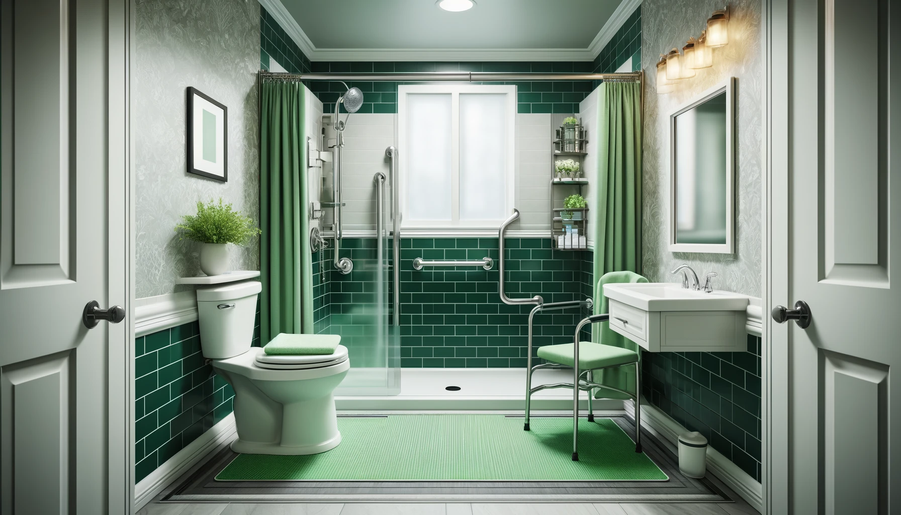 Banheiro moderno com azulejos verdes, luminárias brancas e área de chuveiro. um tapete verde e uma cadeira estão presentes, com plantas decorativas dando um toque de natureza.