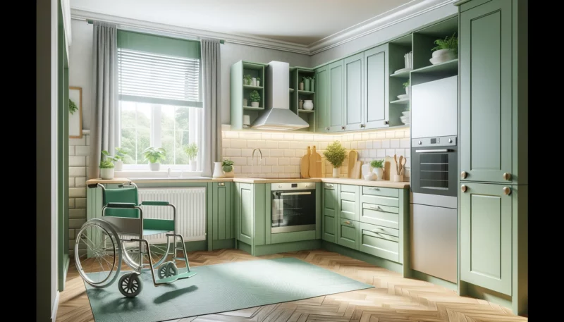 Modern kitchen with green cabinets, stainless steel appliances and a wheelchair positioned on a rug near the entrance. Daylight illuminates the living room through windows with white shutters.