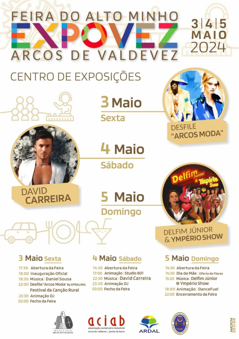 Cartaz promocional da exposição do Alto Minho em Valdevez, com datas de eventos, horários diários e performances em destaque, com recurso a gráficos coloridos e texto automático.
