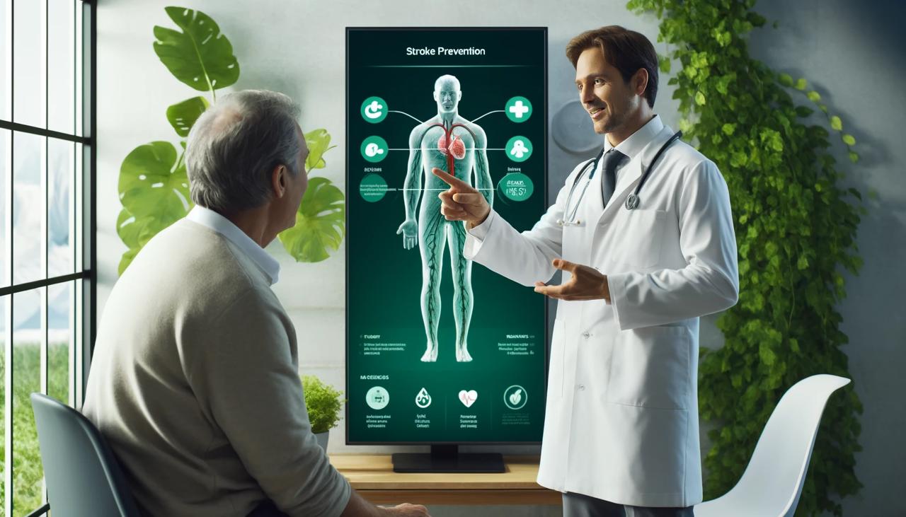 Um médico de jaleco branco explica a prevenção de derrame a um homem idoso usando um display digital que mostra a anatomia humana em uma sala moderna e repleta de verde.