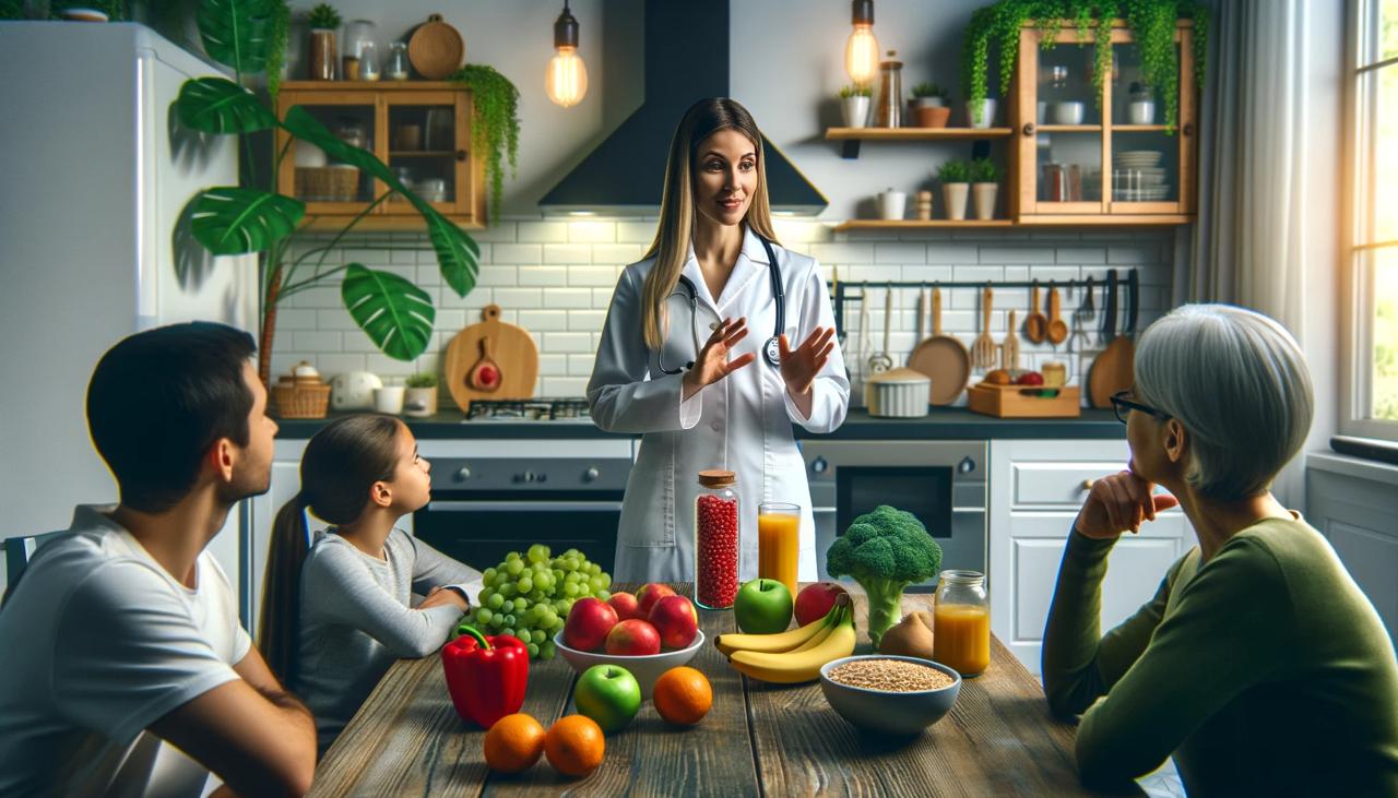 Uma pessoa com jaleco está discutindo nutrição com outras três pessoas sentadas à mesa da cozinha coberta com frutas, vegetais e cereais.
