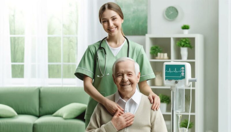 A nurse with a stethoscope around her neck stands behind an elderly man, who is sitting up, smiling and touching his chest. They are in a bright, well-lit room with visible medical equipment.