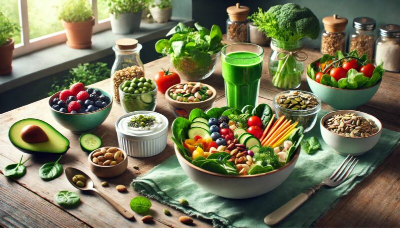 A wooden table set with several bowls of fresh vegetables, fruit, nuts, seeds, jars of ingredients, a green smoothie and plants in the background near a window - like an automatic sketch of nature's bounty.