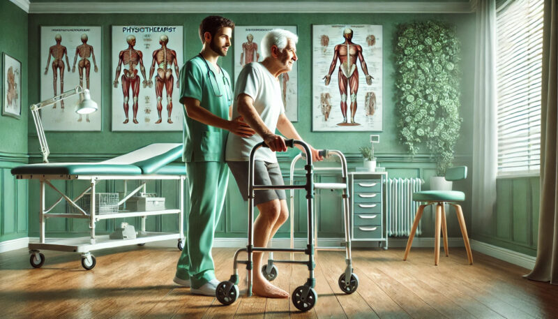 A healthcare professional assists an elderly person with a walker in a physiotherapy room with anatomical posters, a treatment bed and a shaded window.
