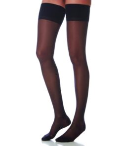 A pair of legs wearing AG 140 DEN thigh-high Lycra Rest socks, made of smooth Lycra, with a transparent black design with a solid black stripe near the top.