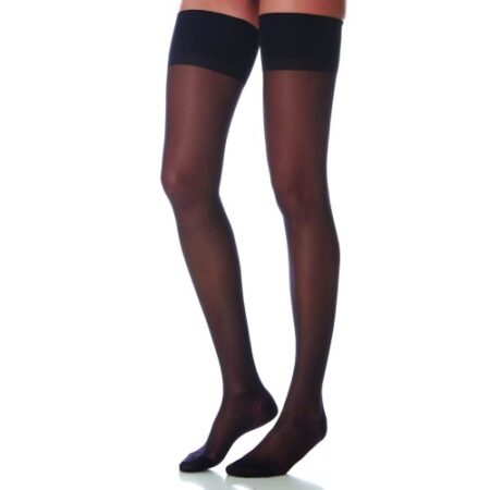 A pair of legs wearing AG 140 DEN thigh-high Lycra Rest socks, made of smooth Lycra, with a transparent black design with a solid black stripe near the top.