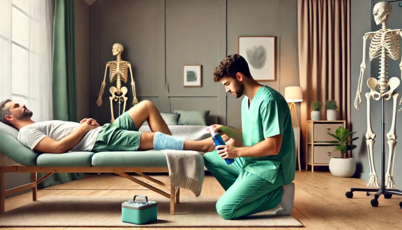 A healthcare worker in a green uniform carefully wraps a bandage around a patient's leg in a medical treatment room, while, in the background, a skeleton model stands, as if sketching an automatic draft of the scene.