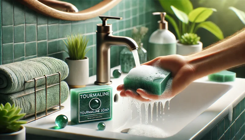 A hand washes itself with a green bar of tourmaline soap under a running tap in a tidy bathroom with green tiles and rolled-up towels.