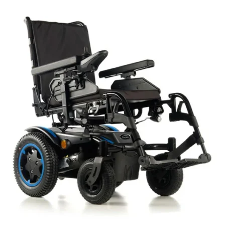 A black and blue motorized wheelchair with adjustable armrests and a padded seat. The wheelchair has large rear wheels and smaller front wheels for better maneuverability.