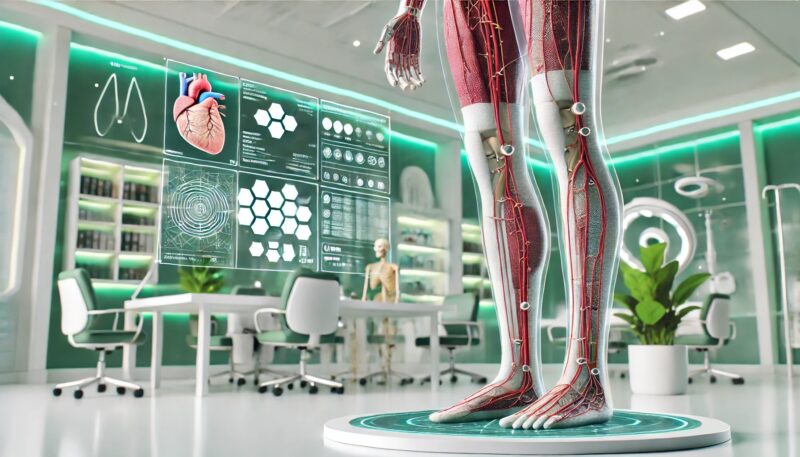 A high-tech medical laboratory with a digital display showing human anatomy, with a focus on the cardiovascular system and leg muscles. A detailed anatomical model of human legs is highlighted in the foreground, along with automatic Draft technology for enhanced analysis.