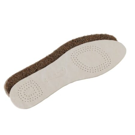 The Leather and Coconut Fiber Insole features a beige base and a dark brown textured padded underside, complete with small perforations for ventilation. This design increases comfort and breathability, incorporating coconut fiber elements for additional support.