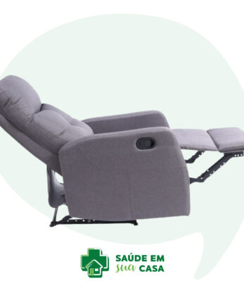 A gray reclining chair is shown in a fully extended position. The logo 