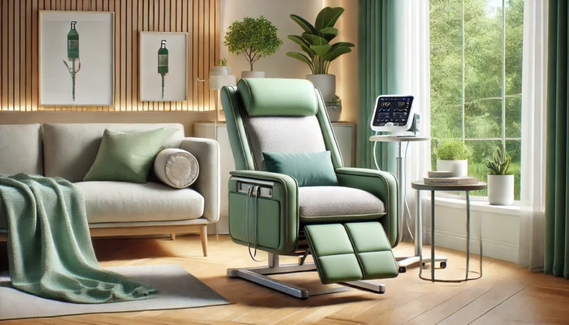 A modern green recliner with medical equipment next to it, in a bright room with plants and wooden details.
