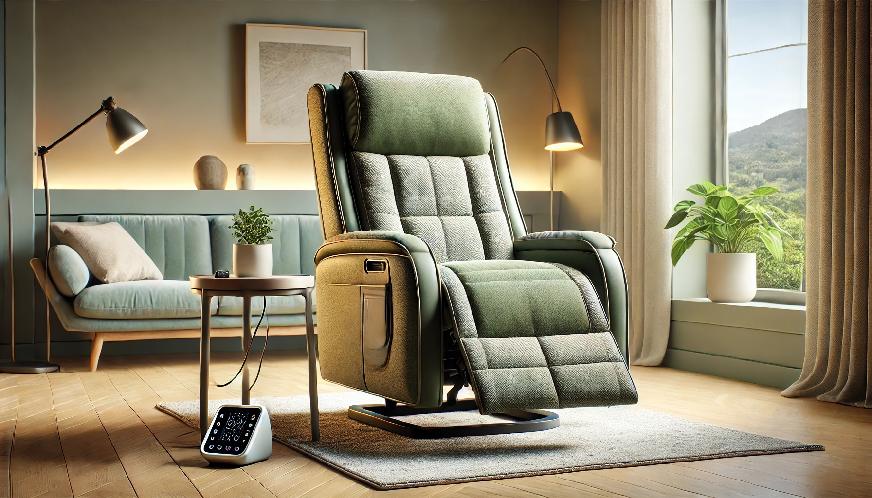 A green massage chair with a pouf stands in a living room. Next to it is a side table with a plant, a floor lamp, a sofa and a large window overlooking a panoramic view.