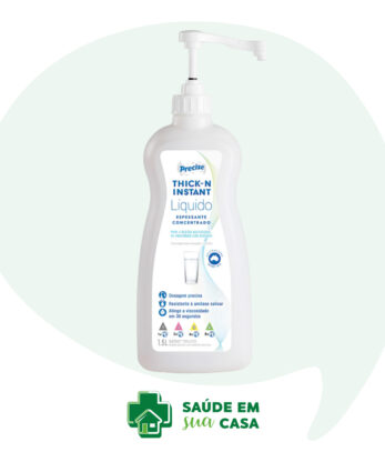 Precisem Thick-n Instant Liquid, botella de concentrado espesante con dosificador sobre fondo blanco. Características y beneficios del producto visibles en la etiqueta junto con el logotipo y el sitio web "saudeemsuacasa.pt".