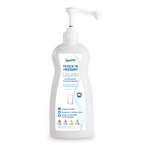 Uma garrafa branca de 1,5 litro de Precise Nutrição Thick-N Instant Liquid com um dispensador de bomba, rotulado como um espessante líquido concentrado.