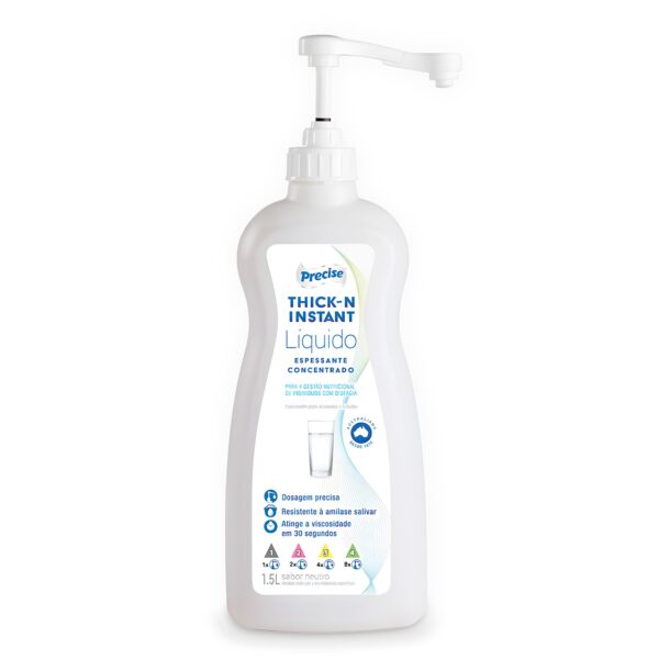 Uma garrafa branca de 1,5 litro de Precise Nutrição Thick-N Instant Liquid com um dispensador de bomba, rotulado como um espessante líquido concentrado.