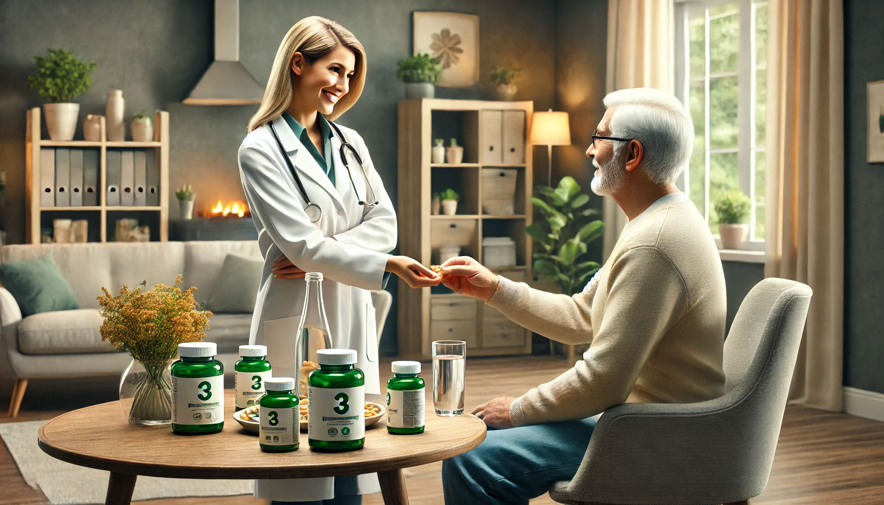 A doctor gives a pill to an older man sitting at a table with bottles of green supplements and a glass of water in a cozy living room.