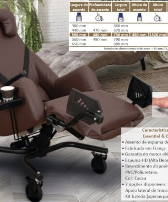 O Cadeirão de Transporte Antiescaras Manual é uma cadeira reclinável marrom com rodízios, com apoios de braços, apoio de cabeça e porta-copos. Possui espuma de memória, ajustes motorizados, estofamento em PVC e proteção antiescaras. As especificações estão listadas na lateral.