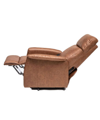 The brown upholstered Evoluxion Evosofy Electric Reclining Sofa, fully extended and viewed from the side, displays its raised footrest and backrest for maximum comfort.