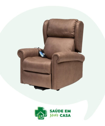 El sofá eléctrico Evoluxion Evosofy Mediterranio es un sillón reclinable de color marrón con mando a distancia en el reposabrazos. El texto dice "Health In Your Home" en inglés, con el logotipo de una casa con una cruz médica.