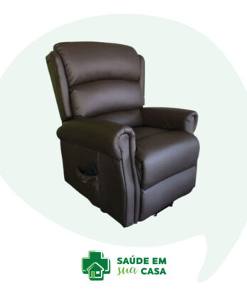 El sillón elevador eléctrico Renaissance es un sillón reclinable de color marrón con reposabrazos y cojín de respaldo. Incluye el logotipo "Health in your home" acompañado de una casa y una cruz médica en la parte inferior.