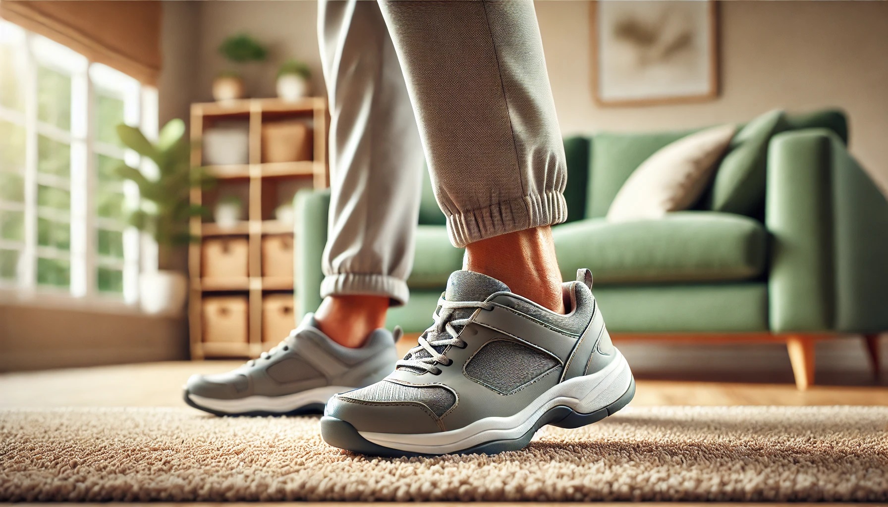 A person wearing gray sneakers is standing on a carpet in a living room, with a green sofa and wooden shelves forming the perfect backdrop.