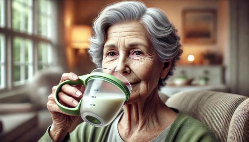 An elderly person with gray hair is sitting on a sofa, drinking milk from a measuring cup with a green handle. It's as if the scene was sketched by fate in automatic draft against the warm backdrop of her cozy living room.