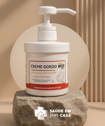 Se muestra un frasco bomba blanco de Crema grasa con aceite de almendras y urea 5% Suave Care 500ml sobre una piedra, con un fondo circular beige y el logotipo "Salud en tu hogar" en la parte inferior.