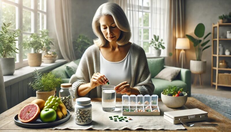 A woman is sitting at a table organizing pills with a weekly pill organizer. Various fruits, a glass of water and plants are on the table. She is focused on her task.