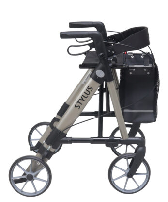 Side view of the Rollator Stylus, a four-wheel folding mobility aid with label 