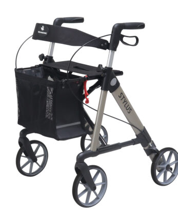 The Rollator Stylus is a lightweight, foldable four-wheeled walker with a mesh basket, hand brakes, ergonomic handles and a labeled frame 