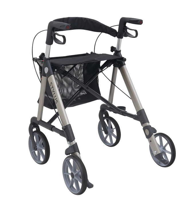 The Rollator Stylus is a lightweight, foldable walker with four wheels, hand brakes and a mesh storage basket located under the seat.