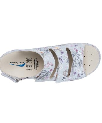 Top view of the Wash'Go Vaduz 3-Strap Sandal with floral print, three adjustable Velcro straps and perforated insole.