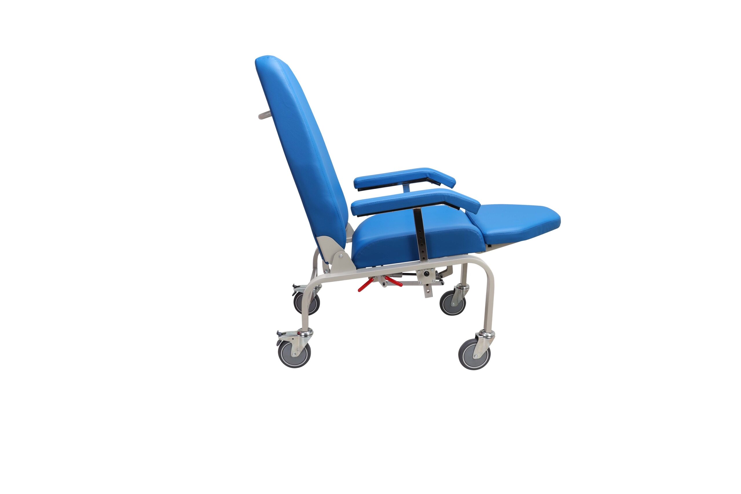 A blue reclining medical chair with a white metal frame and four wheels, shown in side profile against a white background.