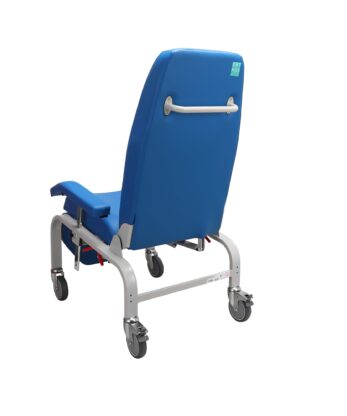 A blue reclining medical chair with a metal frame and wheels, shown backwards and sideways against a white background.