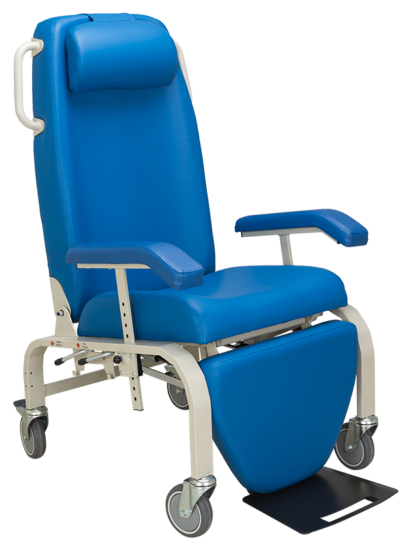 Blue reclining medical chair with padded seat, backrest and armrests, with wheels for mobility and a footrest.