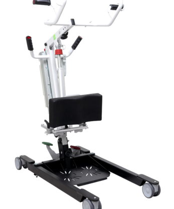 La grúa verticalizadora Eclipse es una grúa de transferencia de bipedestación con brazo ajustable, soporte de rodilla de altura/profundidad/ángulo, reposapiés extraíble, pies de base que se abren mediante palanca, ruedas dobles de 100 mm (dos con freno) y un actuador eléctrico de 1500 N con sistema de seguridad.