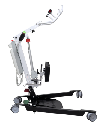 Vista lateral de la grúa verticalizadora Eclipse: elevador de transferencia con brazo ajustable, soporte para las rodillas (altura, profundidad, ángulo), reposapiés desmontable, ruedas dobles de 100 mm (dos con freno), actuador eléctrico, sistema de seguridad y botón de emergencia.